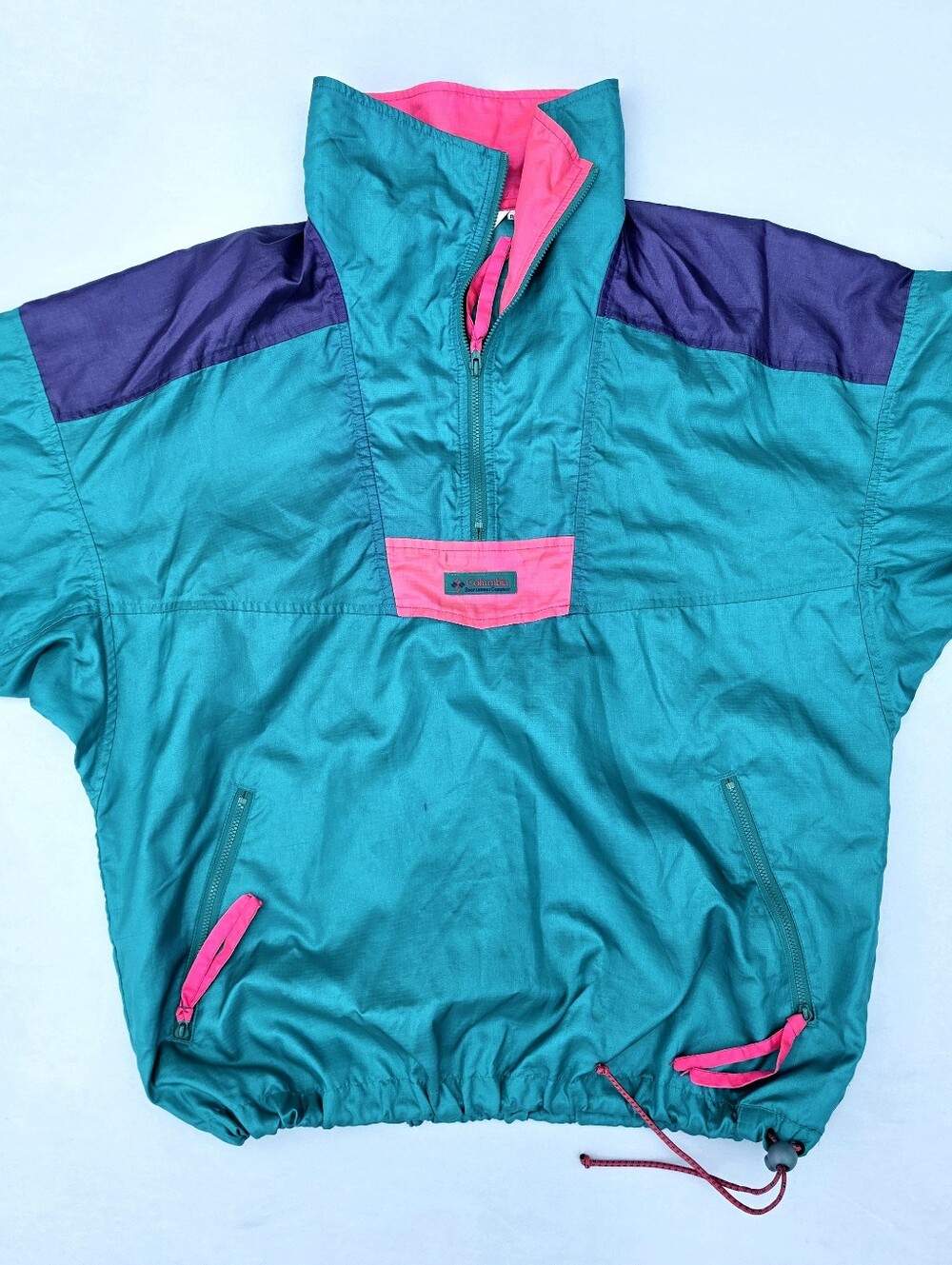Vintage Women's Columbia Teal Pink Pullover Parachute Windbreaker Jacket